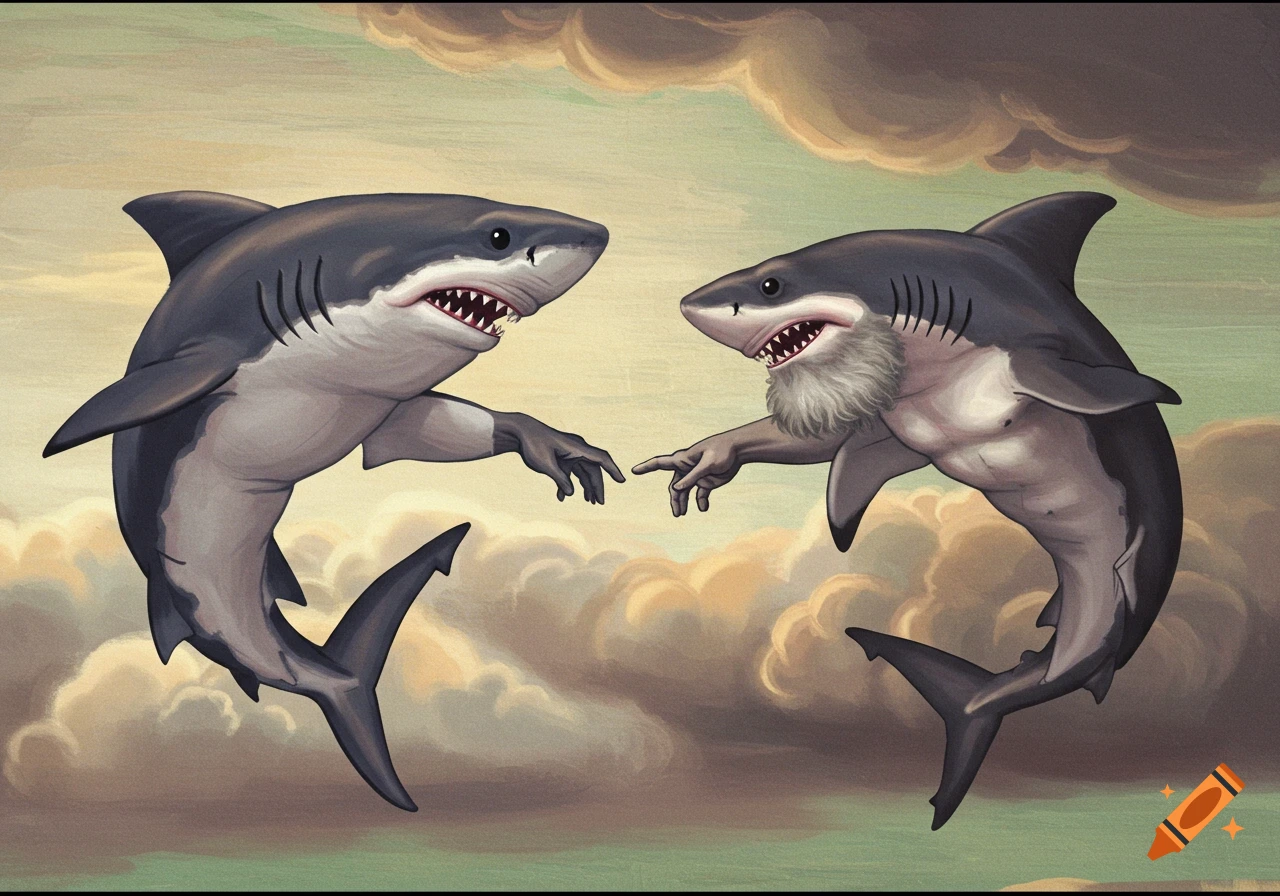 Two sharks reaching for each other in the style of the Creation of Adam painting, one with a beard.