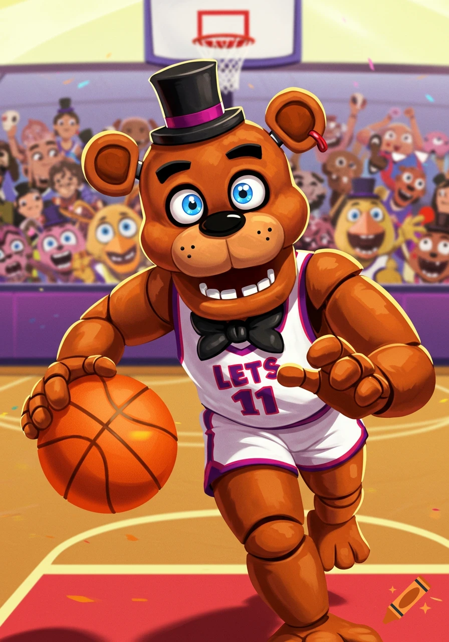 Freddy Fazbear playing basketball in a full arena