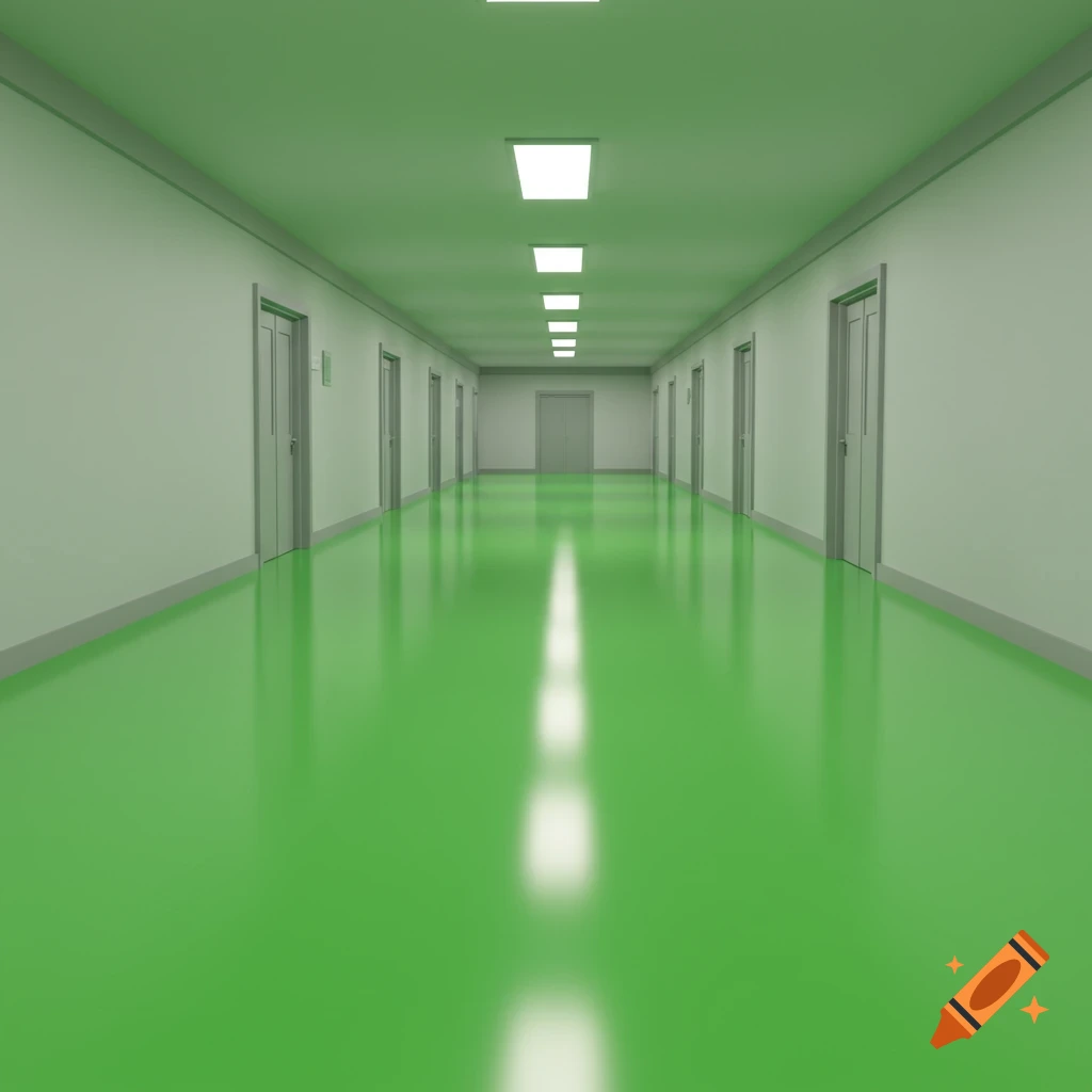A long empty hallway with bright green floor and white walls. Square lights are on the ceiling and doors line the walls.