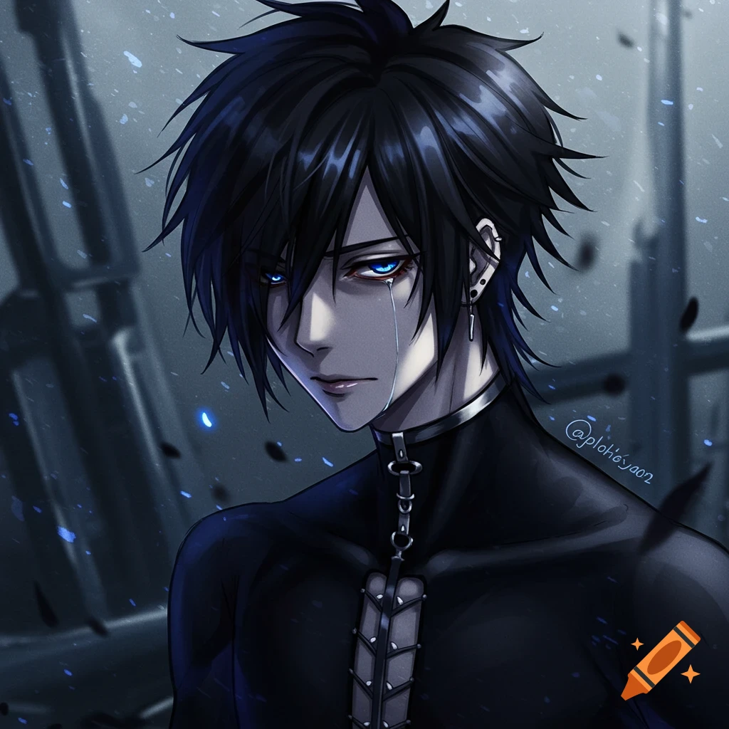 Anime portrait of a dark-haired man with blue eyes crying