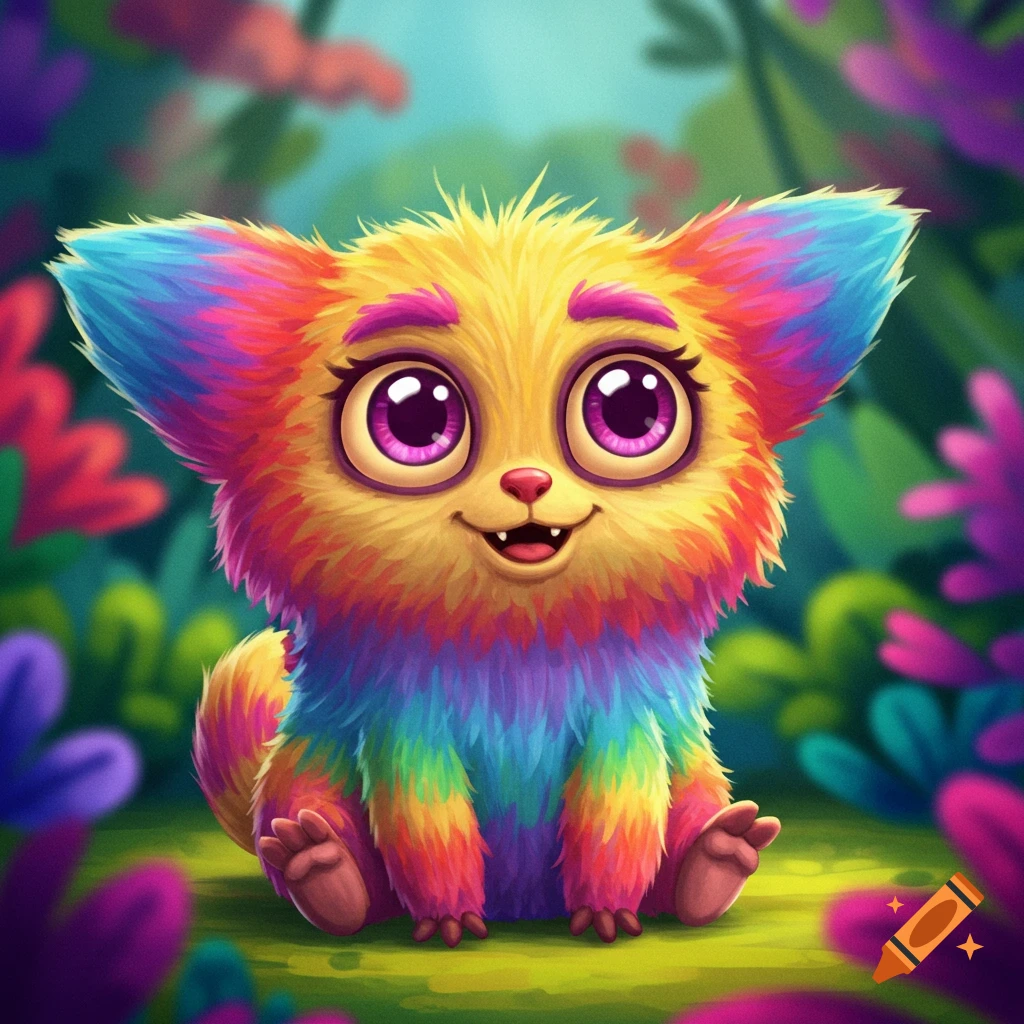 A cute, colorful, furry fantasy creature with big eyes sitting in a forest.