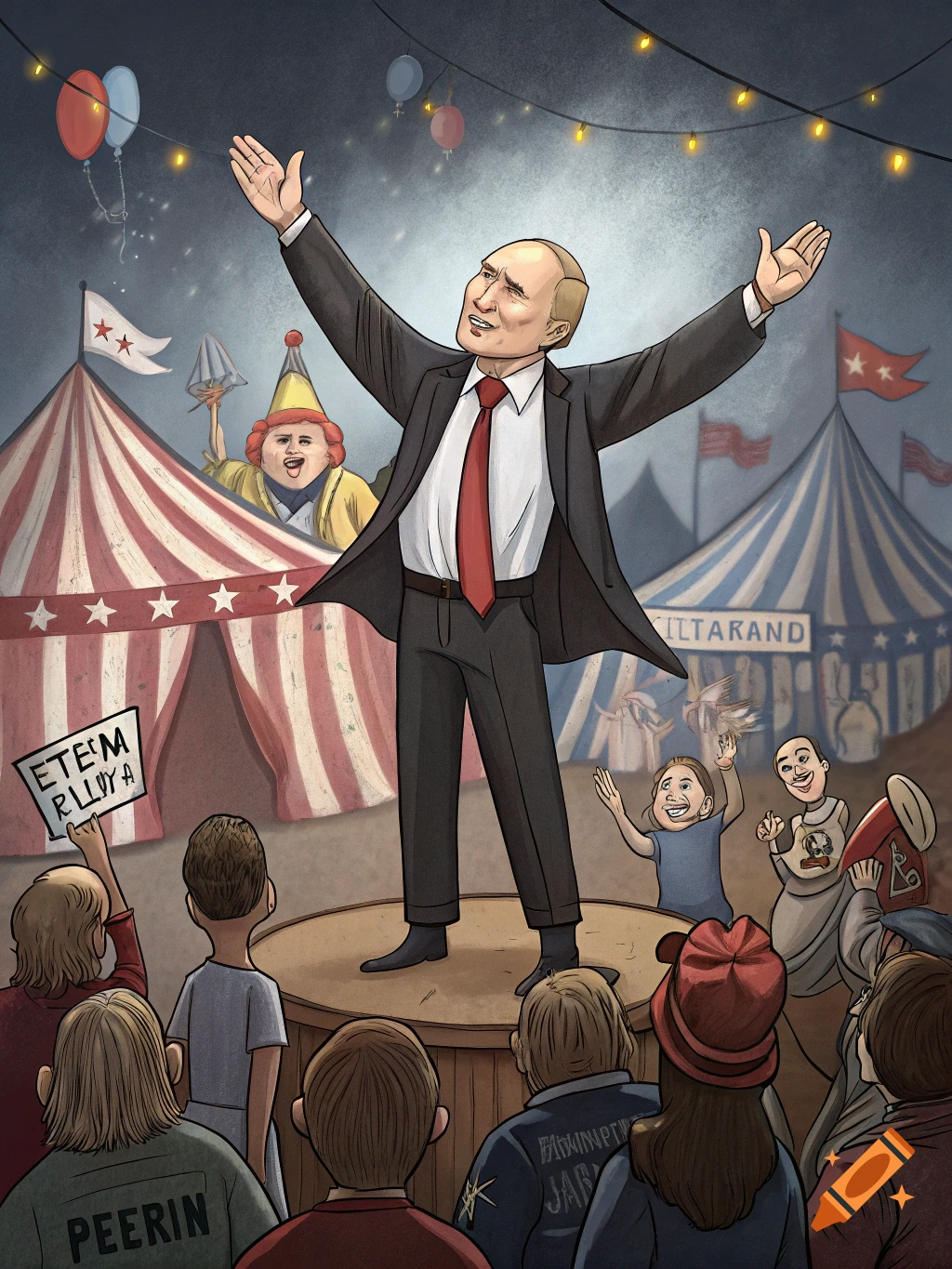 Cartoonish political caricature of a figure resembling Putin on a circus stage with a crowd and tents.