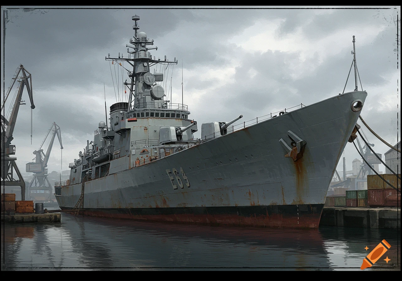 A rusty grey military ship docked in a port under cloudy skies.