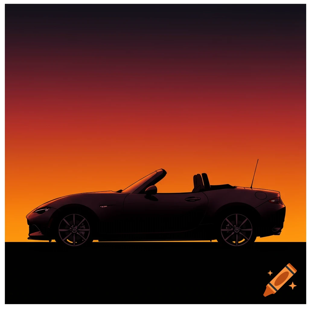 Dark silhouette of a Mazda Miata ND convertible against an orange and red sunset gradient.