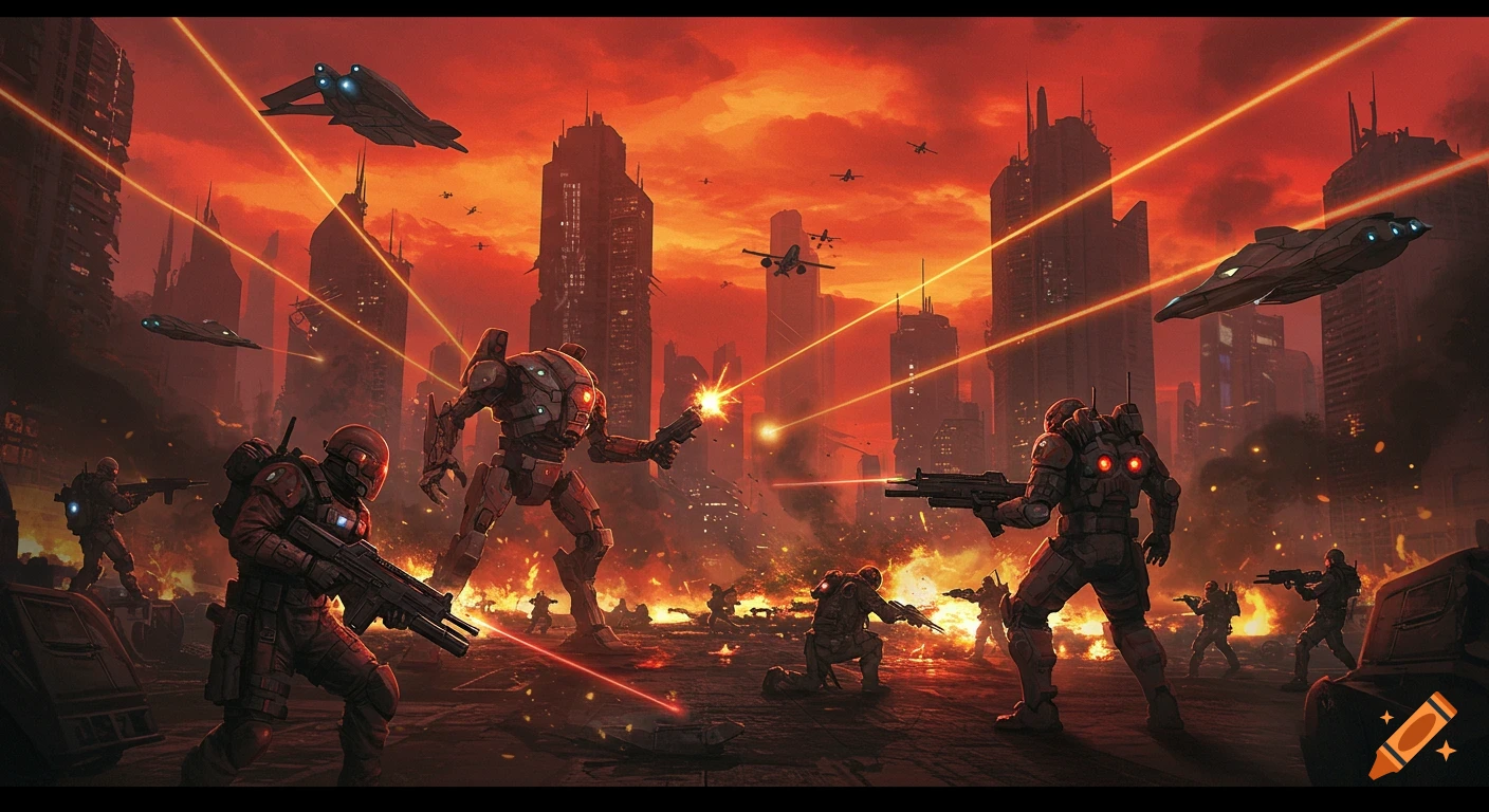 Futuristic soldiers and robot battle in a ruined city at sunset with lasers and explosions.