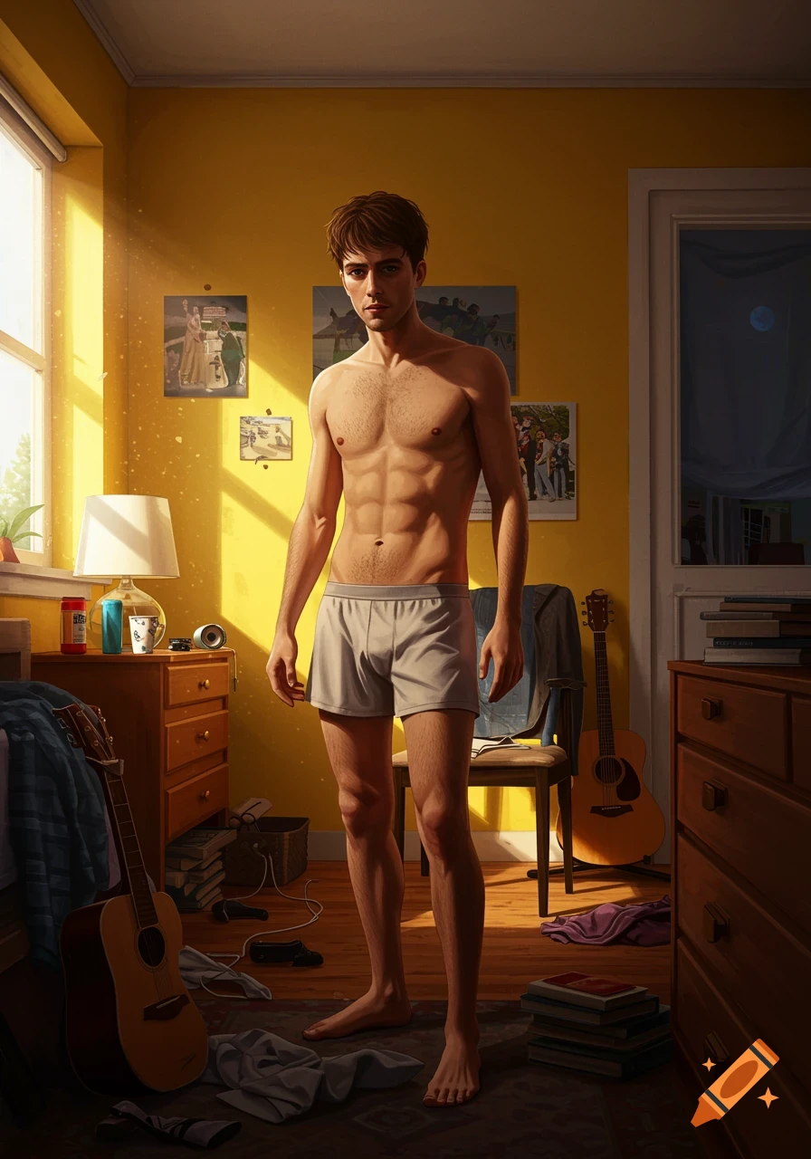 Realistic image of a young man in underwear standing in a sunlit bedroom.