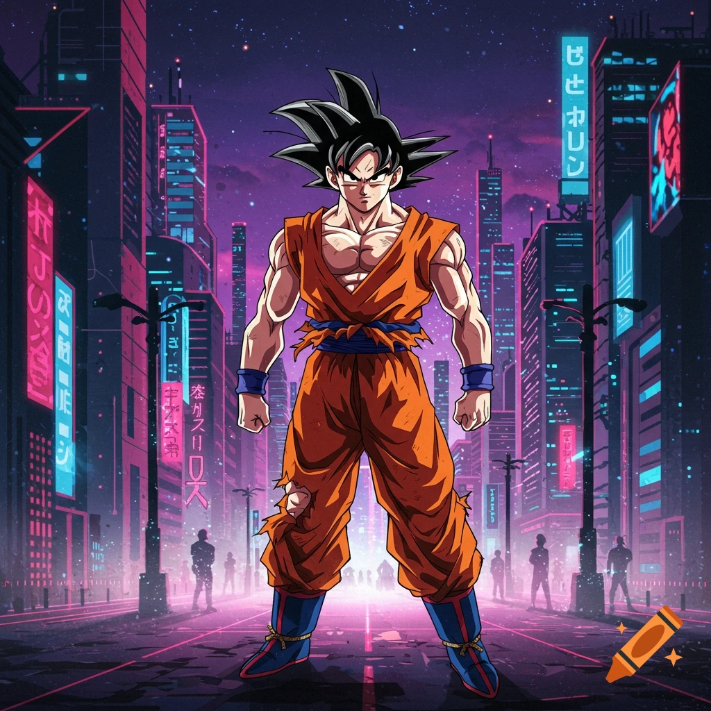 Goku stands in a neon-lit futuristic city