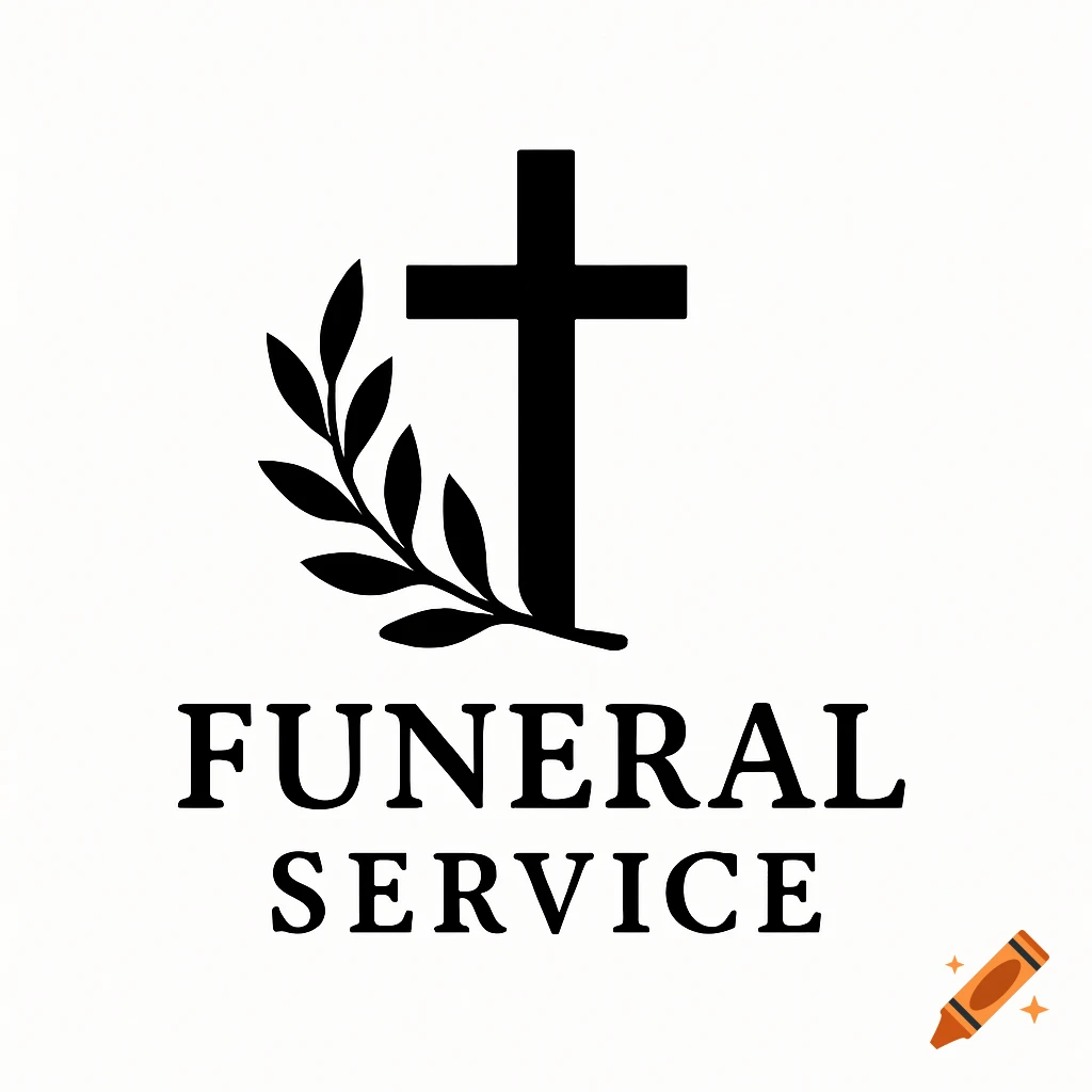 Simple black and white logo for funeral service with cross and branch.