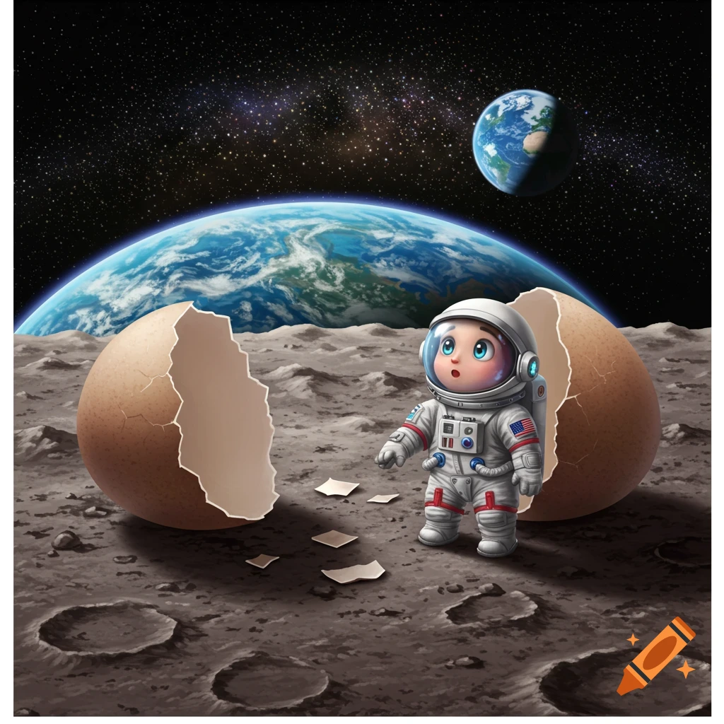 A tiny astronaut hatches from a cracked egg on the moon with Earth in the background.