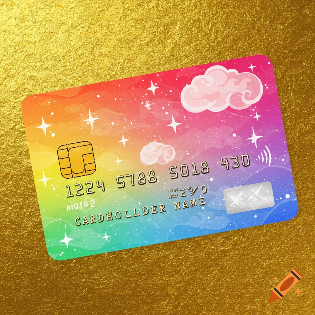 A credit card with a rainbow, cloud, and star design on a gold background.