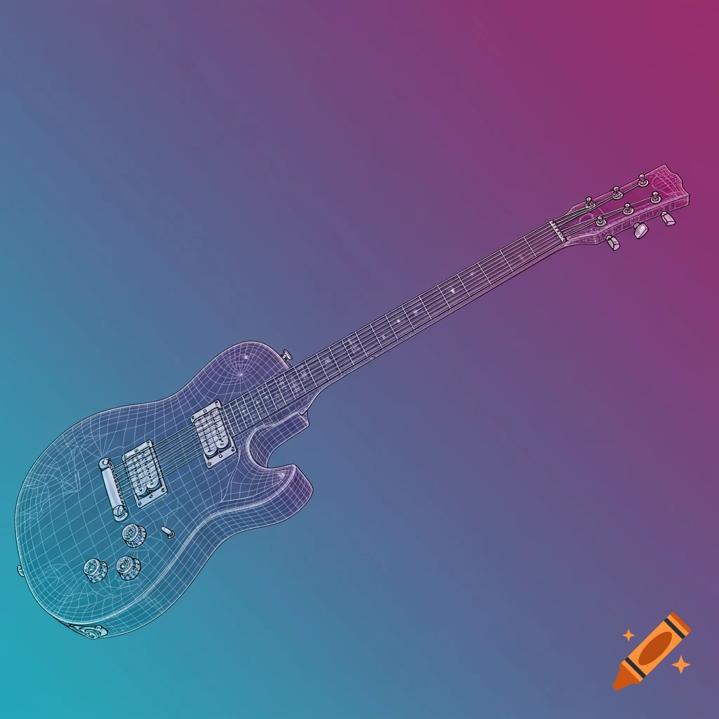 A 3D wireframe render of an electric guitar against a gradient background.