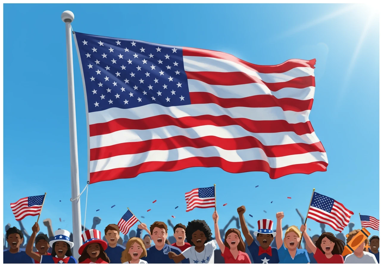 A large American flag waves above a diverse crowd cheering and celebrating, many holding small flags