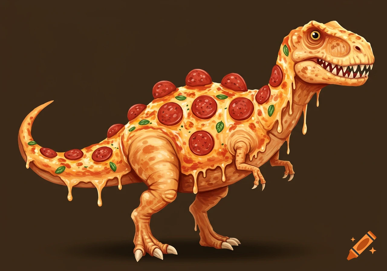 A cartoon illustration of a Tyrannosaurus Rex made of pizza, with dripping cheese and pepperoni.