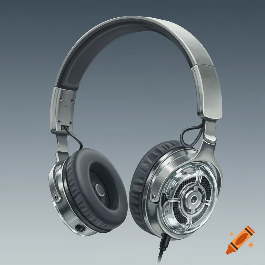 An illustration of grey and silver headphones with clear earcups showing internal components.