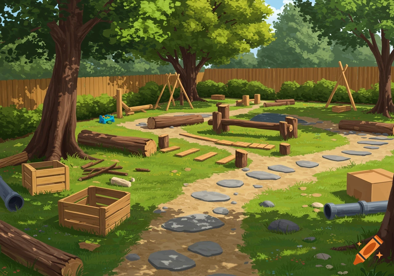 Illustrated outdoor play space with logs, planks, stone path, crates, and trees