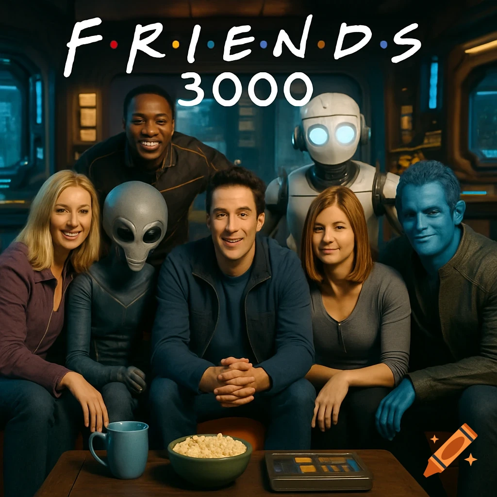 A diverse group of sci-fi characters including humans, an alien, and a robot sitting together with the title 'F.R.I.E.N.D.S 3000' above them, photorealistic.