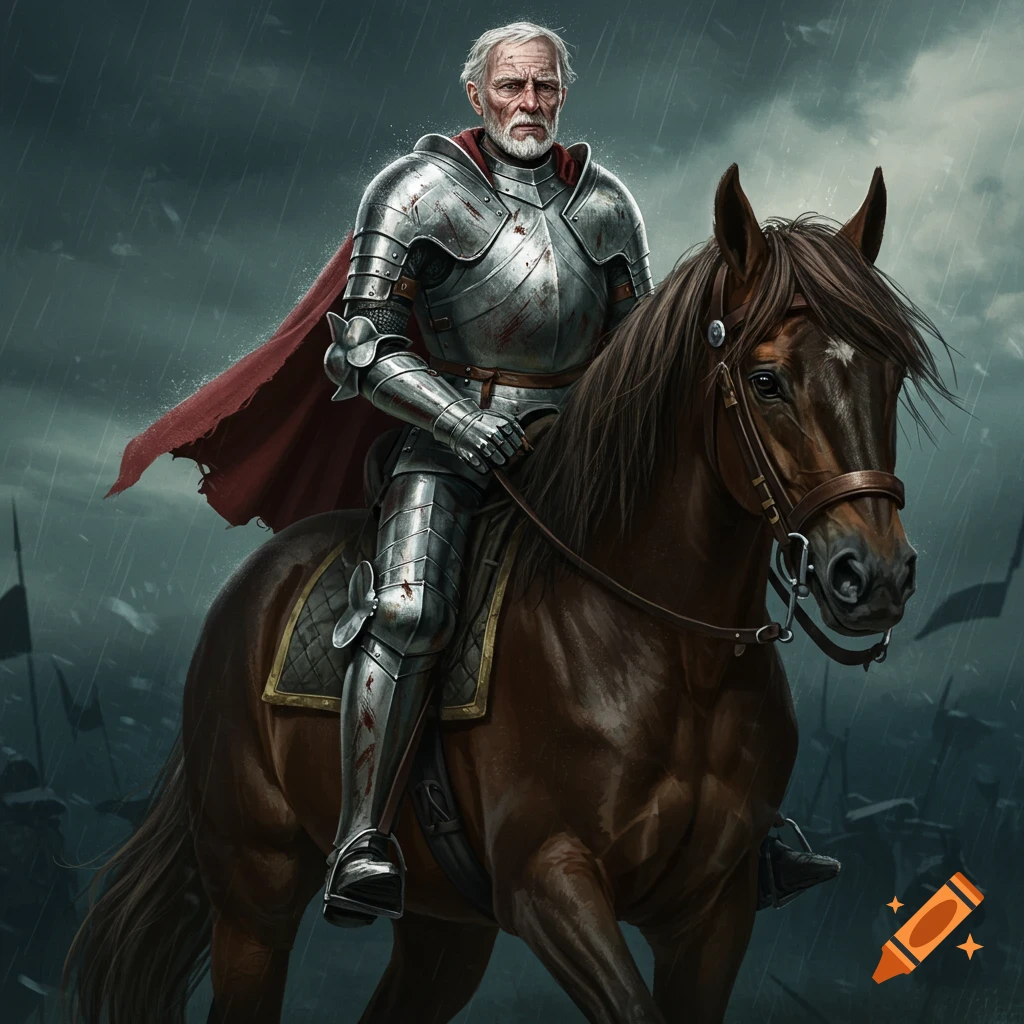 Elderly knight in shining armor riding a horse in the rain.