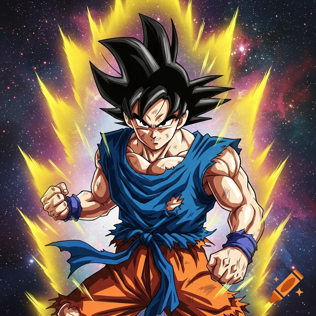 Goku powering up with a yellow aura in space