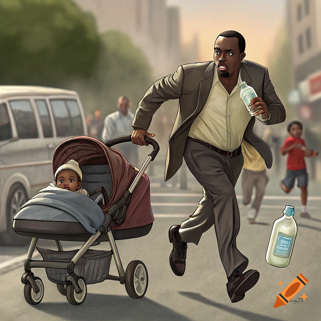Illustration of a man in a suit running with a stroller, another man runs behind him on a city street.