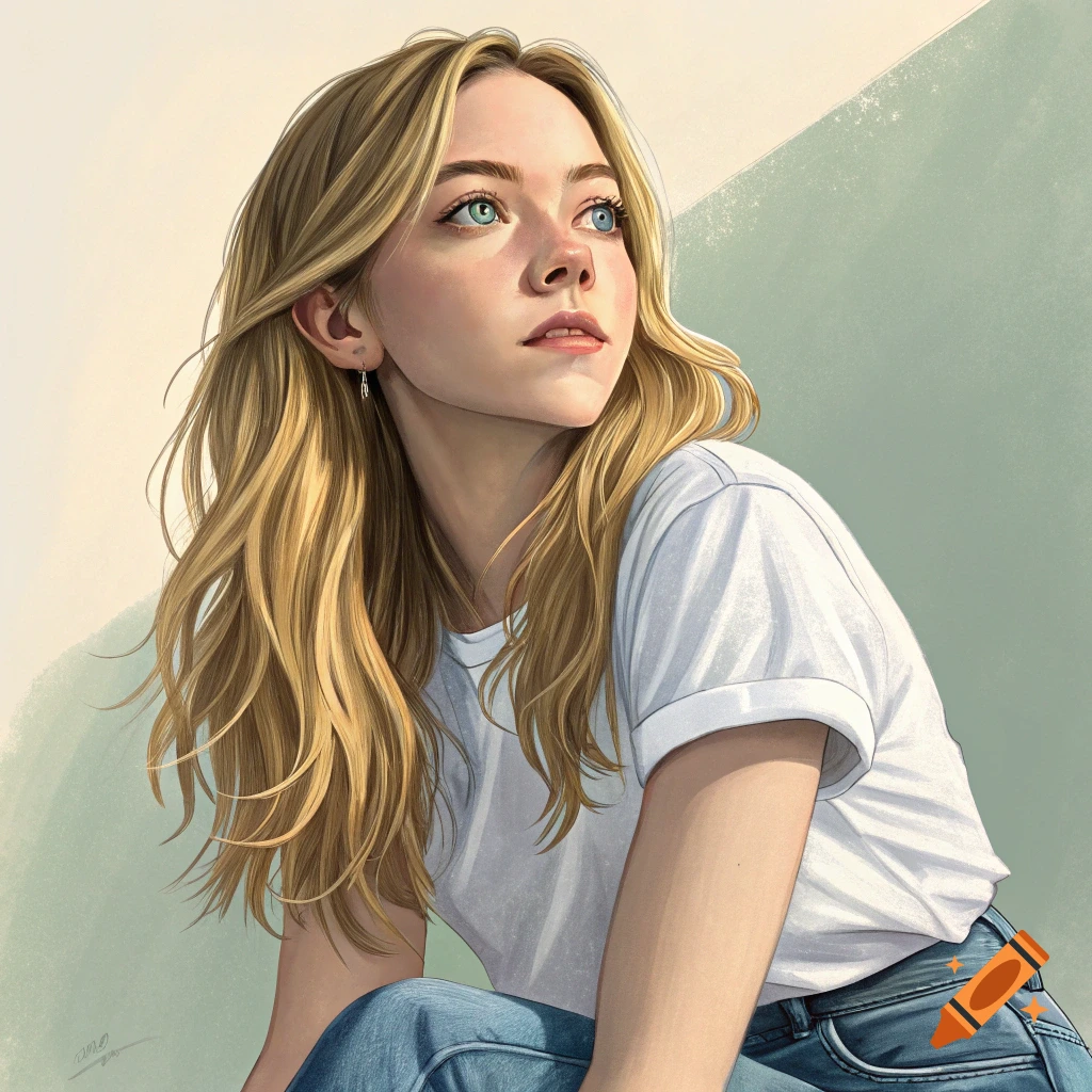 Illustrated portrait of a young woman with long blonde hair and blue ...