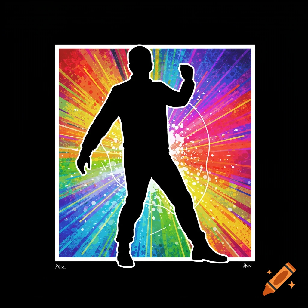 Black silhouette of a person posing against a vibrant pop art background with rainbow colours, splatters, and radial lines.