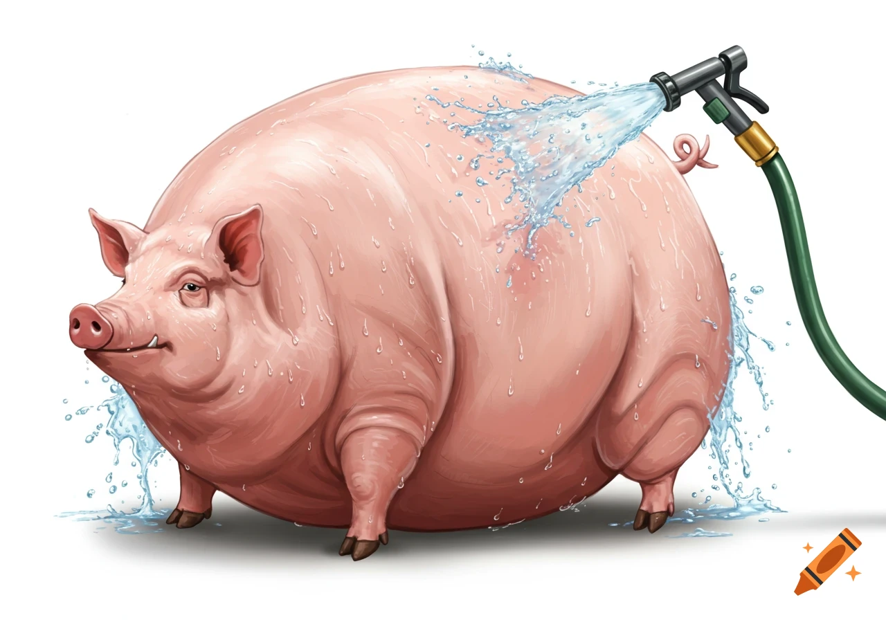 An illustration of a large pink pig being sprayed with water from a hose.
