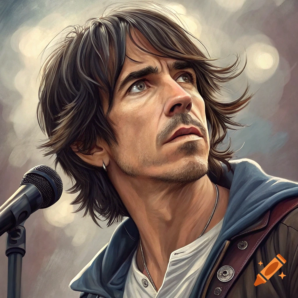Painterly portrait of a man resembling Anthony Kiedis looking up at a microphone.