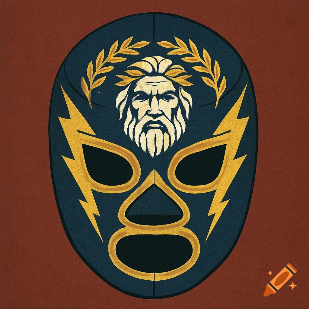 Dark blue wrestling mask with gold trim, featuring a white depiction of Zeus's head with a laurel wreath and gold lightning bolts on the sides.