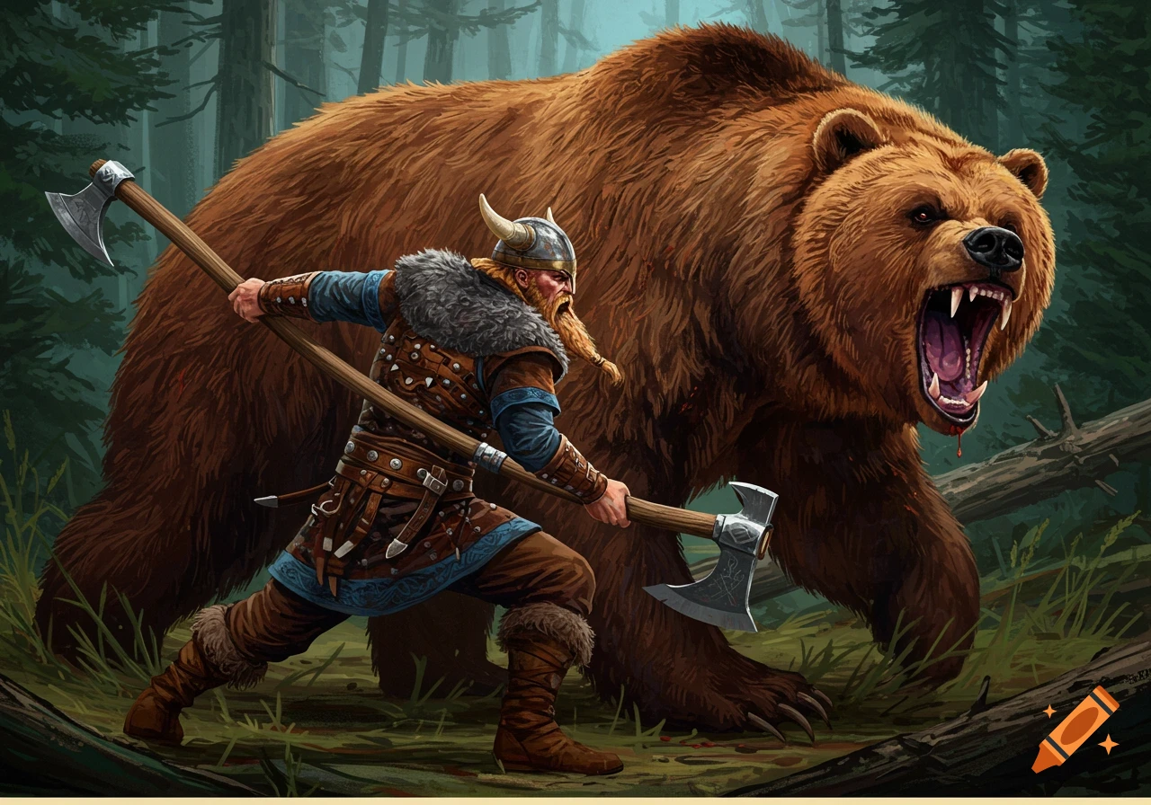 Illustration of a viking warrior with axes facing a large brown bear in a forest