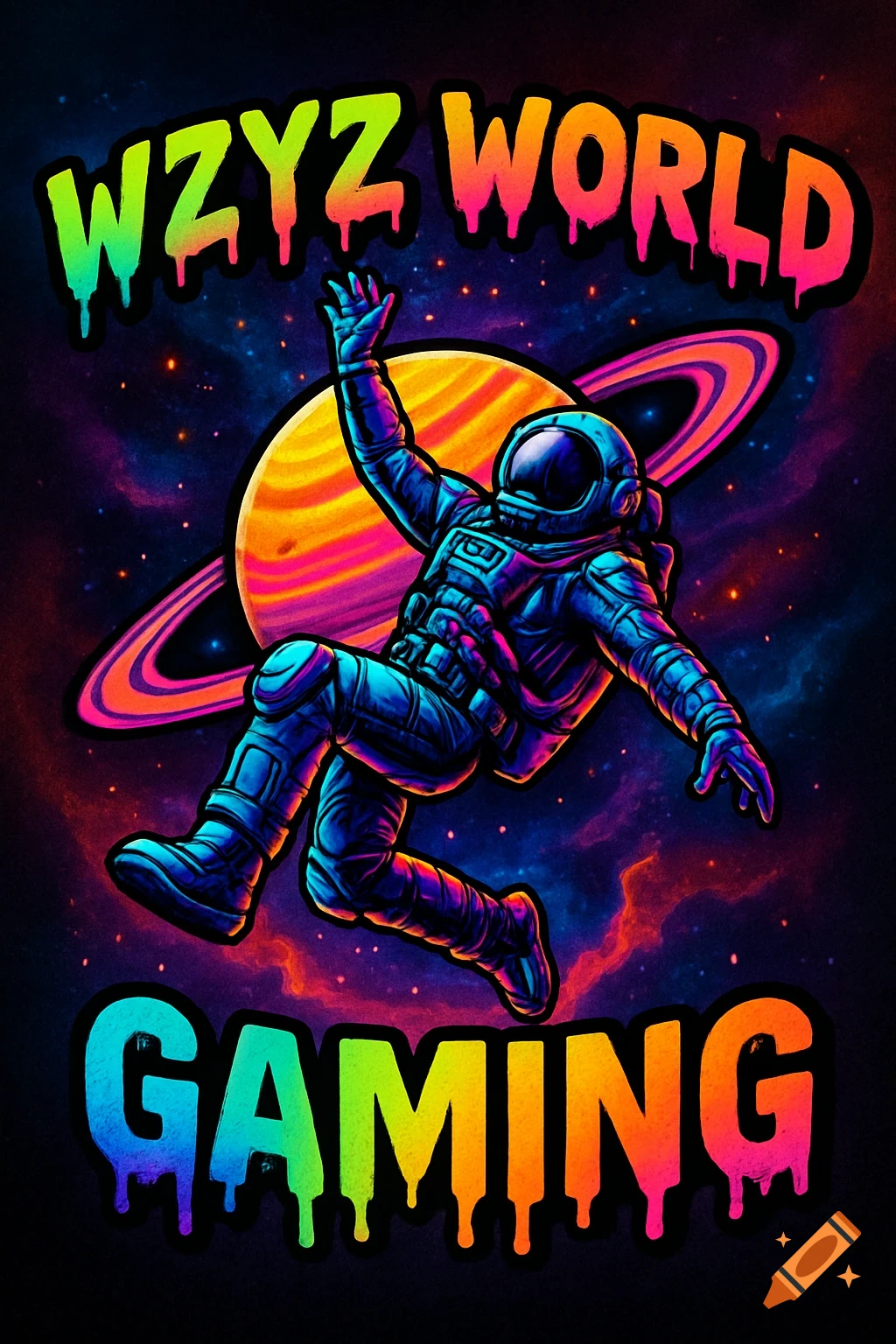 An astronaut floats in space near a planet with rings. Text reads "WZYZ WORLD" and "GAMING" in colorful dripping fonts.
