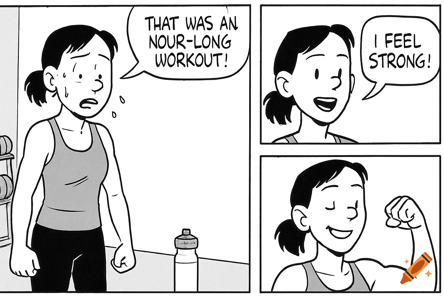 A black and white comic strip shows a woman sweating after a workout, then smiling and flexing her bicep.