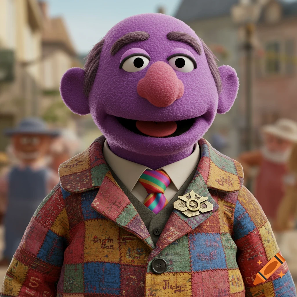 A purple muppet puppet wearing a colorful patchwork coat and tie.