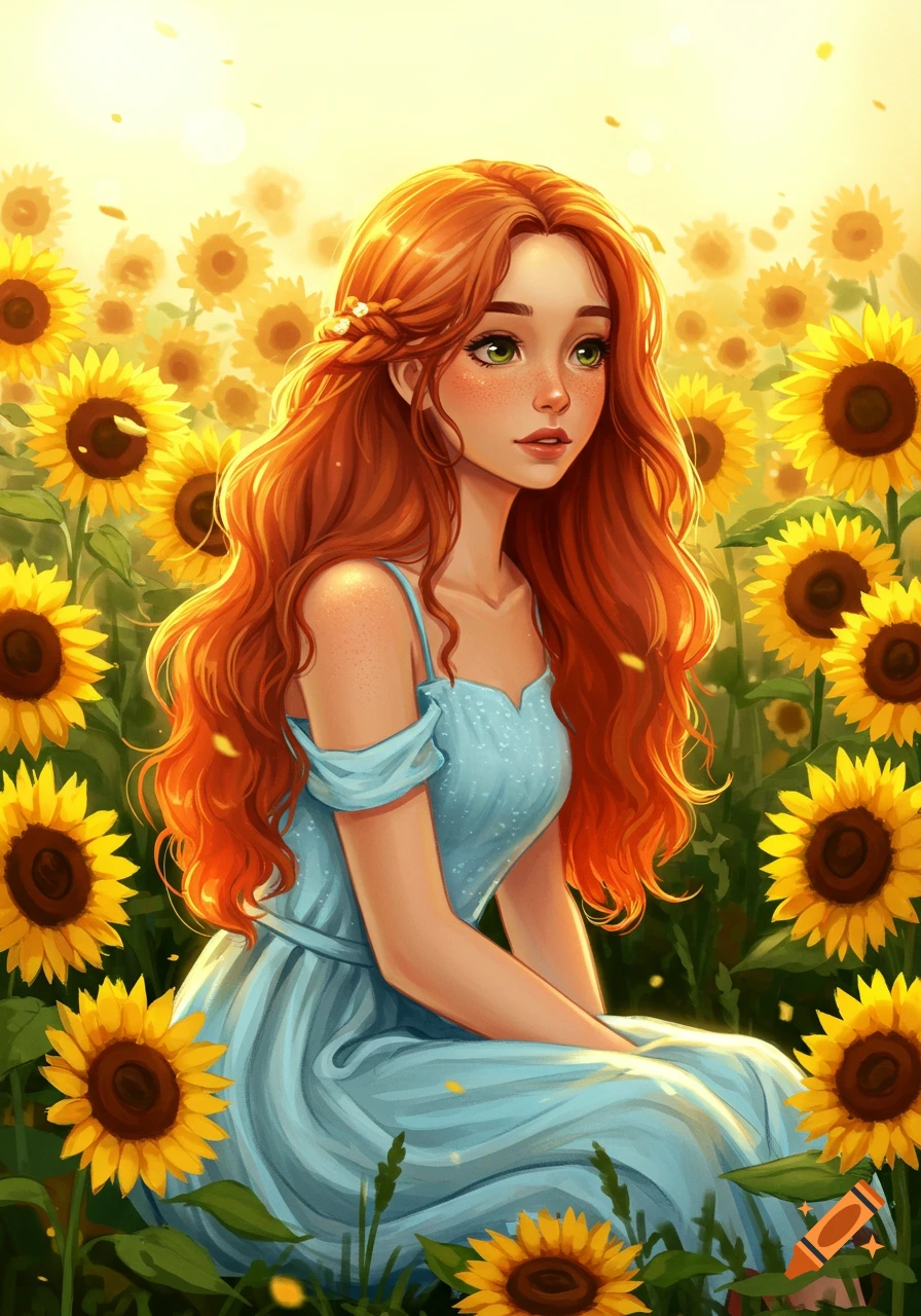 Illustration of a young woman with red hair sitting in a field of sunflowers