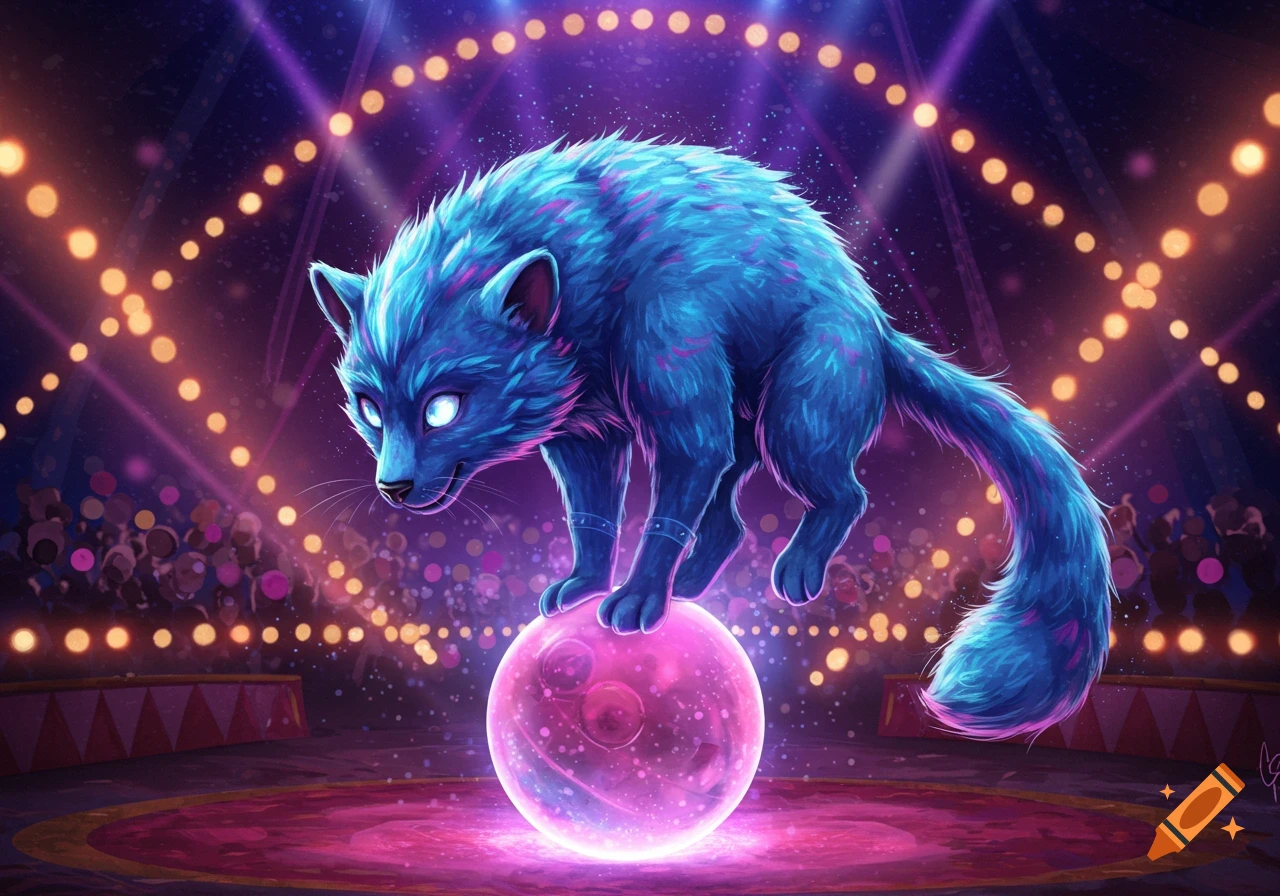 Stylized blue creature balancing on a glowing ball in a circus tent, lit by string lights.