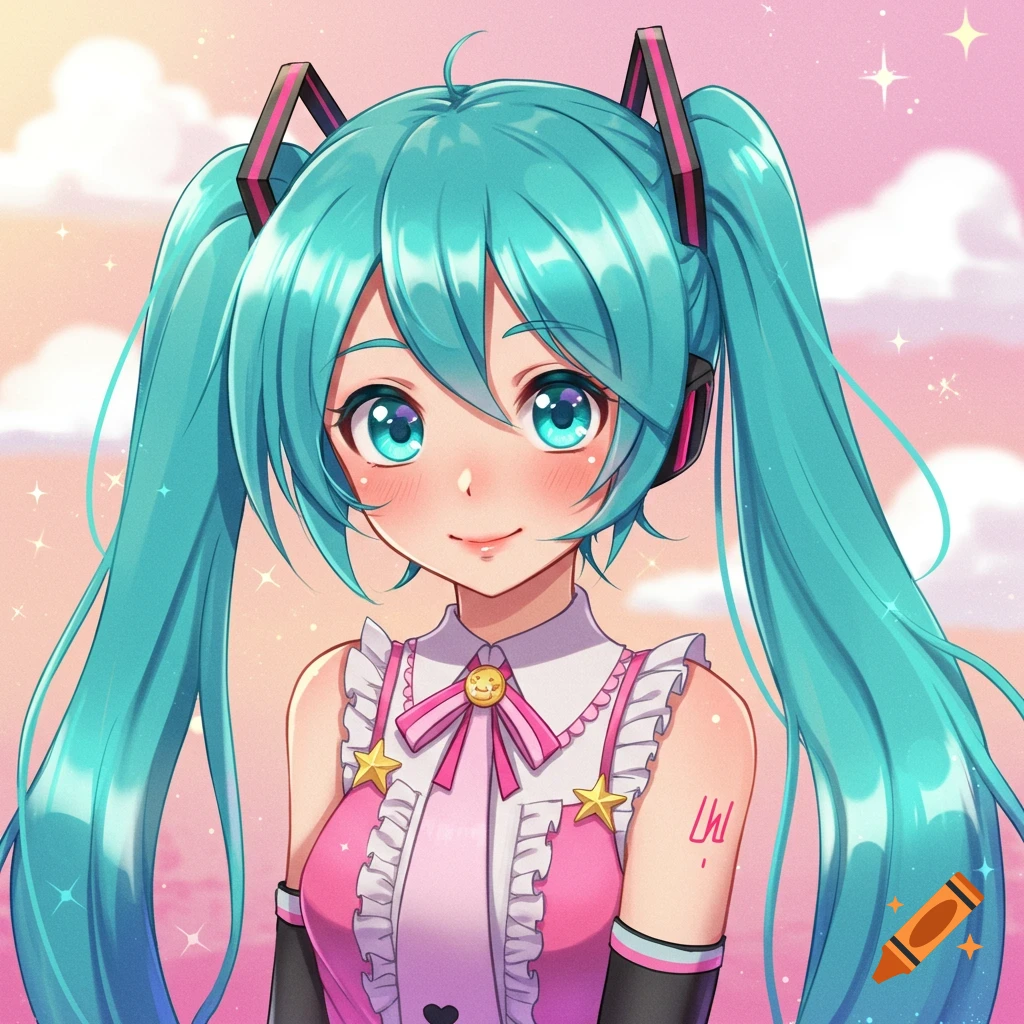 Close-up anime portrait of Hatsune Miku with blue pigtails, headphones, and a pink frilly dress.
