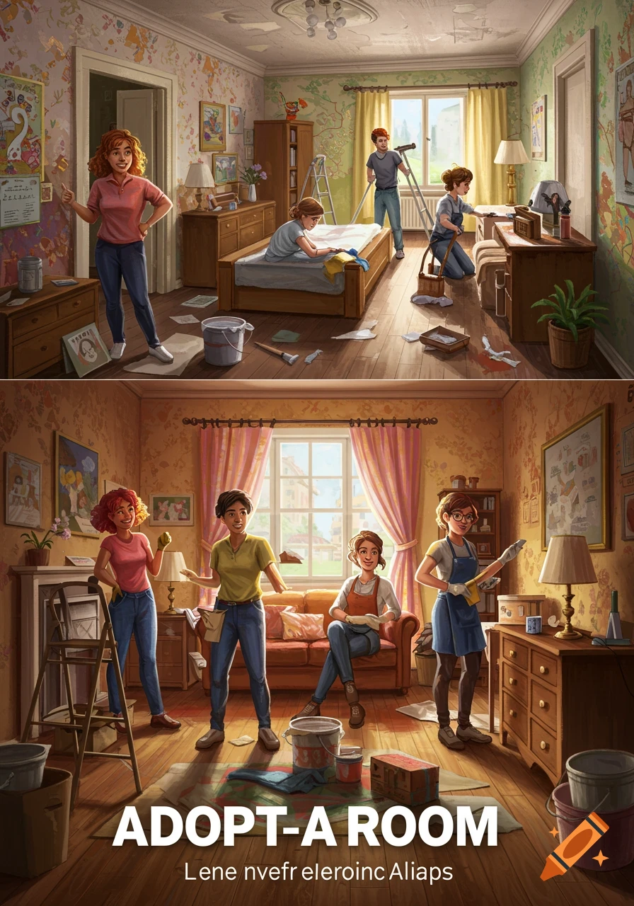 Illustration of people cleaning and renovating rooms.