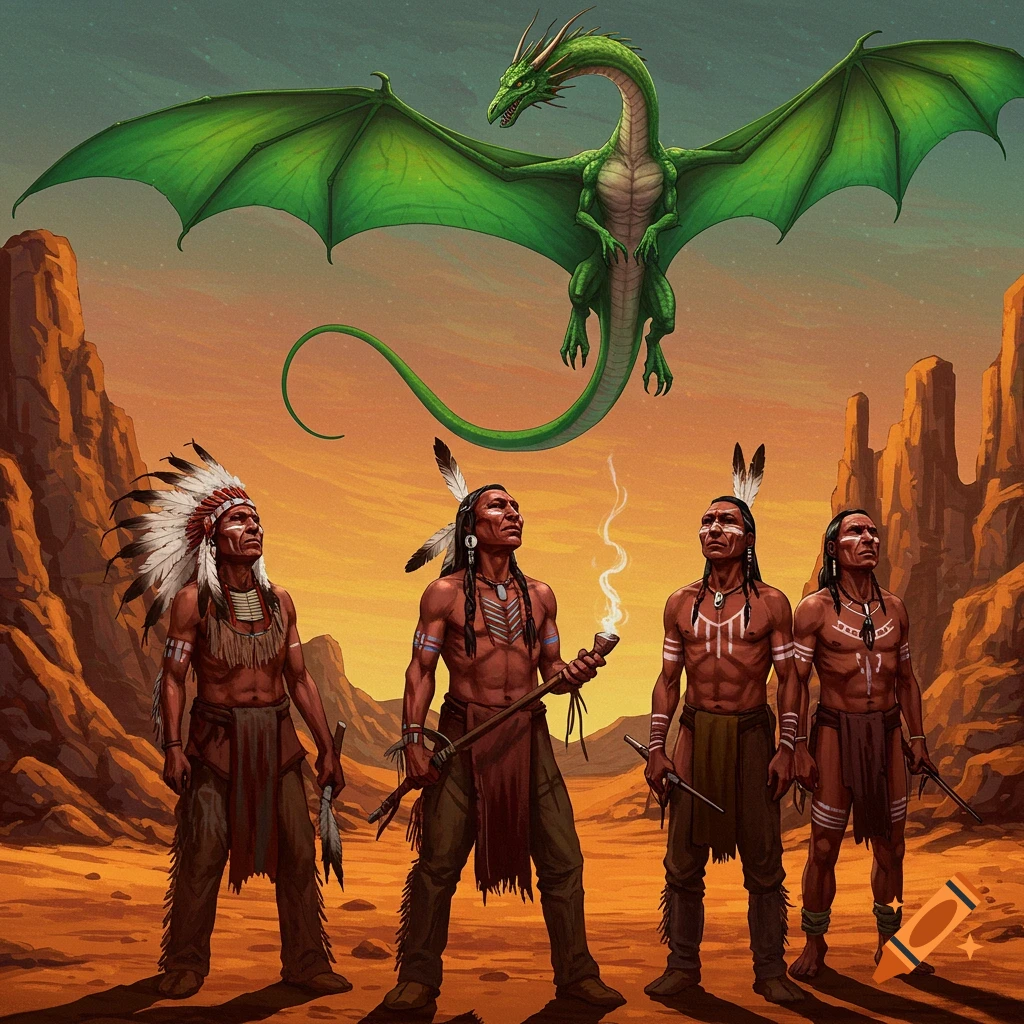 Four Native American men stand in a desert landscape looking up at a flying green dragon. Illustration style.