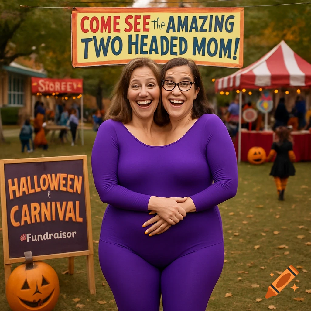 A two-headed woman in a purple suit stands at a Halloween carnival under a banner advertising the act.