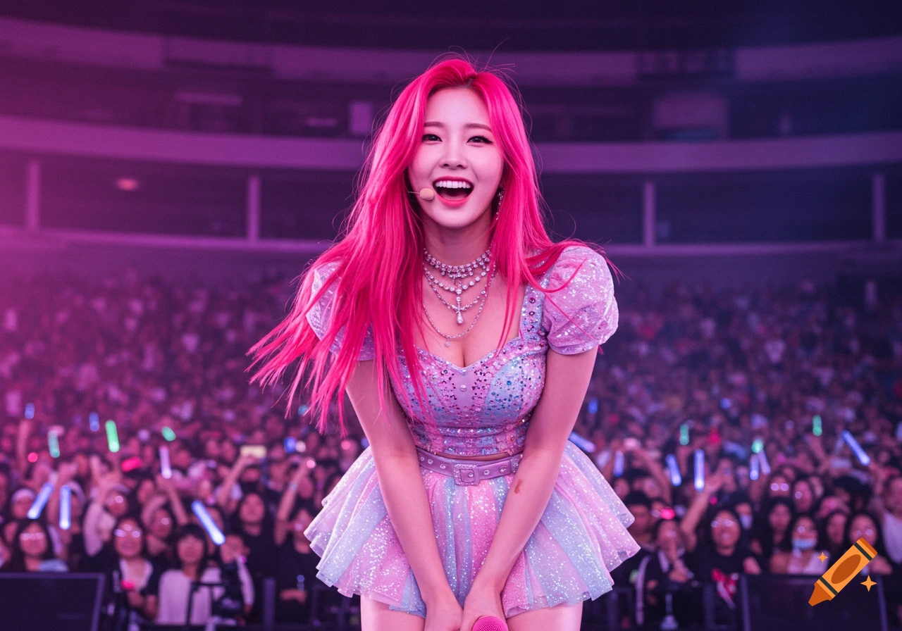 A female K-pop idol with bright pink hair singing on stage in a crowded arena during a concert.