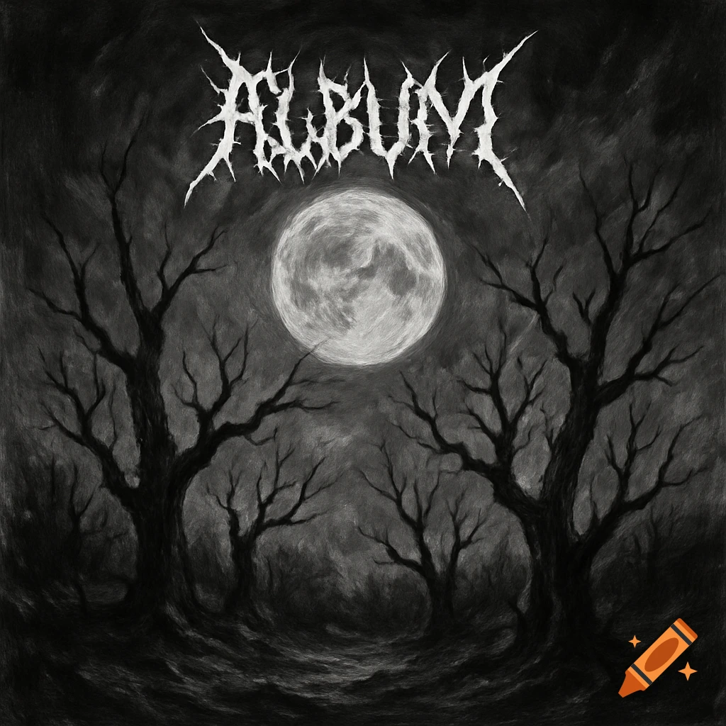 A black and white illustration of a full moon over a dark, gnarled forest, in the style of an album cover.
