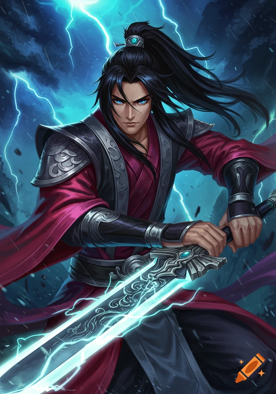 A fantasy warrior with long dark hair and blue eyes wears a red robe and armor, holding a glowing sword amidst lightning and a stormy sky.