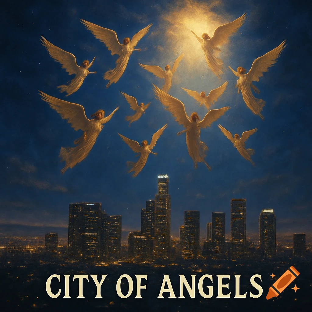 Angels flying over a city skyline at night with 'CITY OF ANGELS' text.