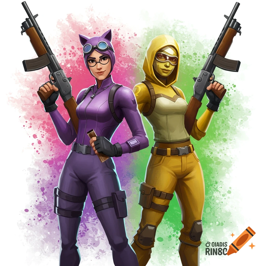 Illustration of two female Fortnite characters, Catwoman and Serenade, holding shotguns with a colorful background.