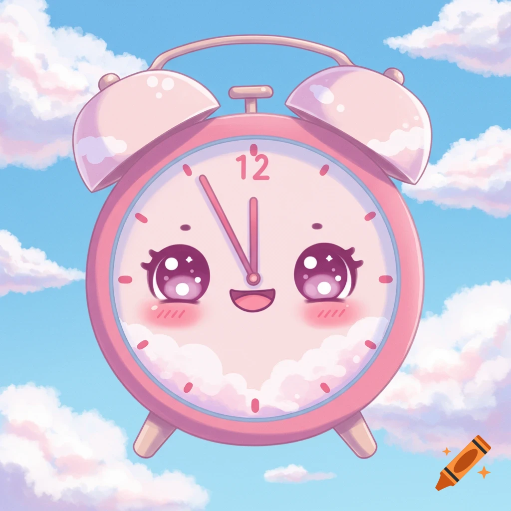 A cute pink alarm clock with a face floating in a cloudy sky.