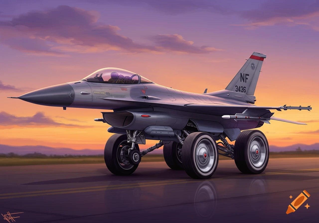 An F-16 fighter jet sits on a runway at sunset, modified with large car wheels instead of landing gear. Digital illustration.