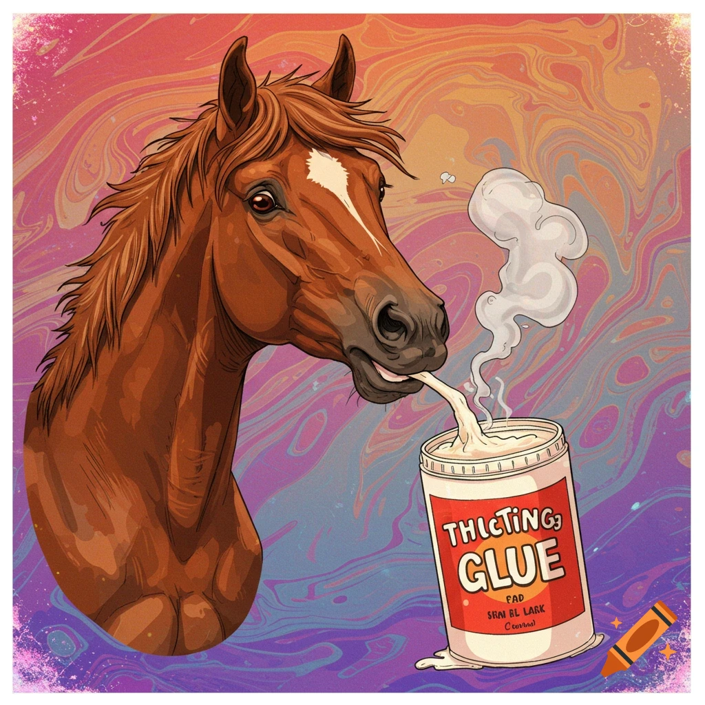 Illustration of a horse with its mouth in a glue jar, inhaling vapor against a swirling psychedelic background.