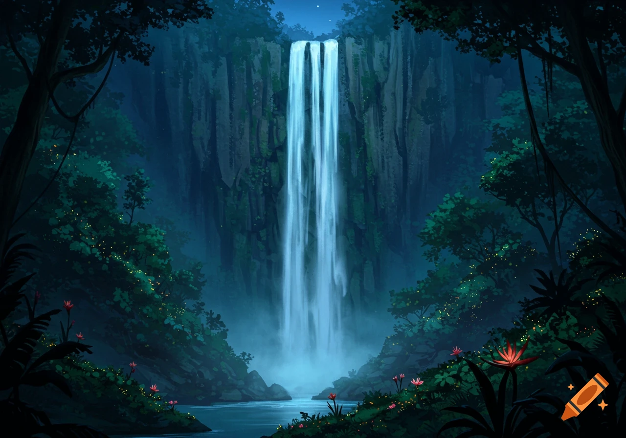 A tall waterfall cascades down a rocky cliff face into a river in a dark jungle at night.