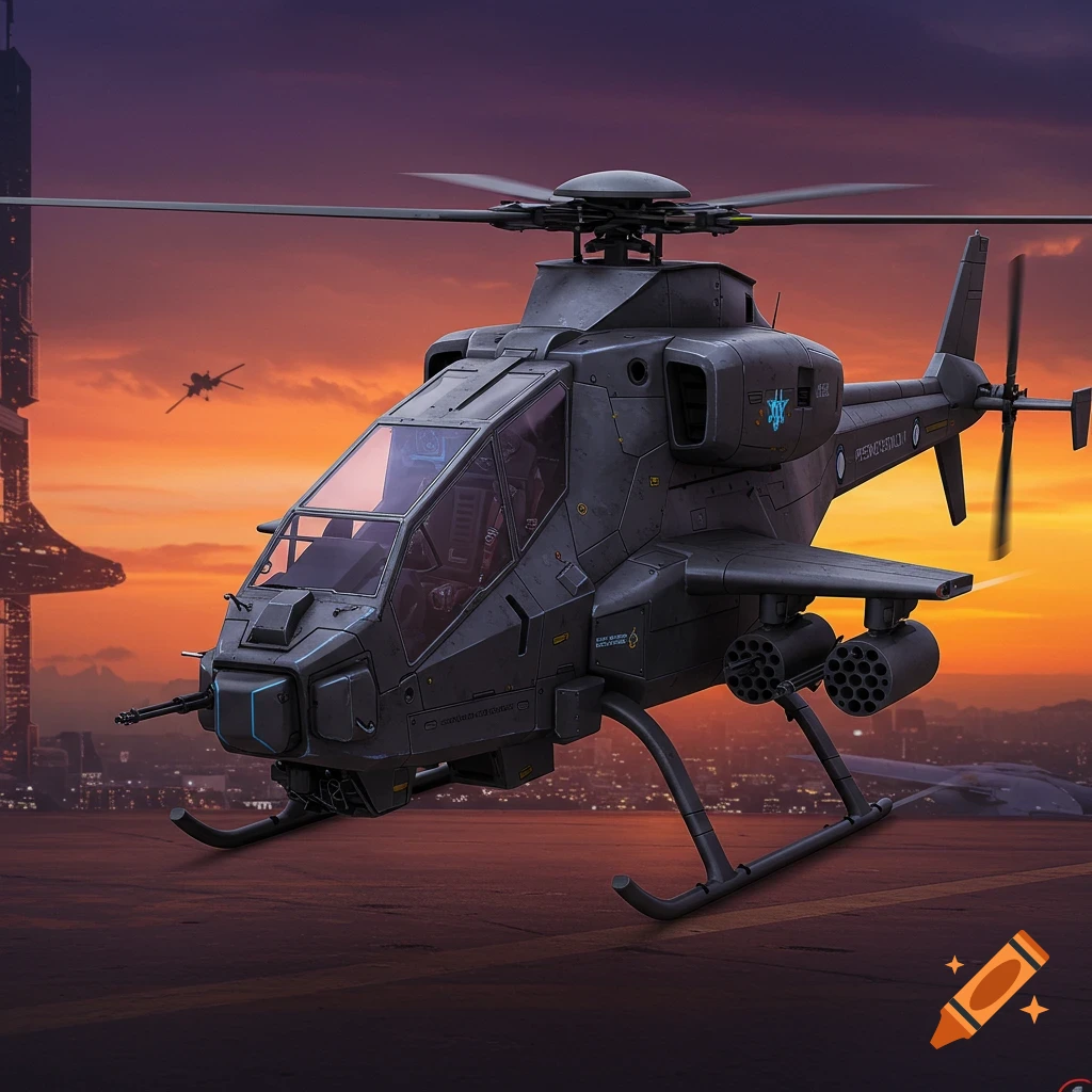 Futuristic military helicopter landing on a rooftop pad overlooking a sci-fi city at sunset