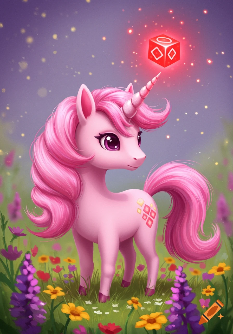 A cute pink magical unicorn stands in a field of flowers with a bright red glowing cube above its horn.