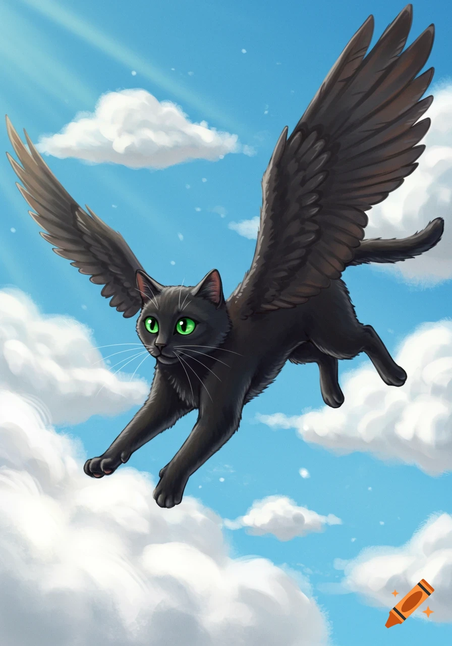 A black cat with bird wings flies through a blue sky with clouds. Illustration.